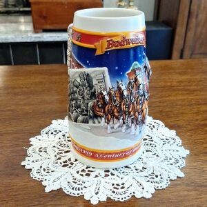 Budweiser Blue and White Beer Stein with Horse Carriage 3-D Horses